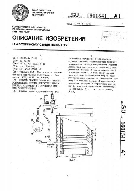 Способ диагностирования цилиндро-поршневой группы двигателя внутреннего сгорания и устройство для его осуществления (патент 1601541)