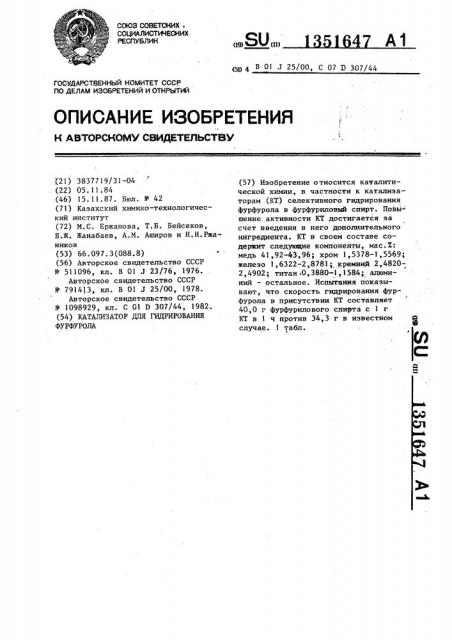 Катализатор для гидрирования фурфурола (патент 1351647)