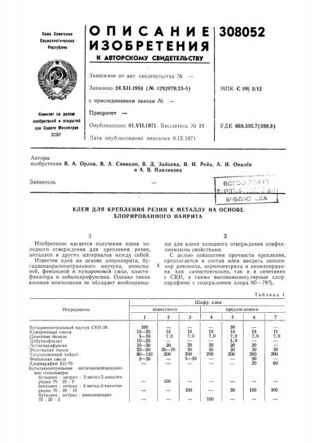 Клей для крепления резин к металлу на основе хлорированного наирита (патент 308052)