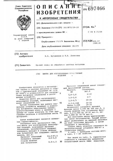 Шихта для изготовления огнеупорных изделий (патент 697466)