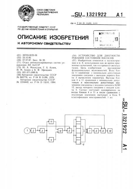 Устройство для диагностирования состояния насосов (патент 1321922)