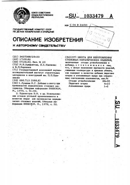 Шихта для изготовления стеновых керамических изделий (патент 1033479)