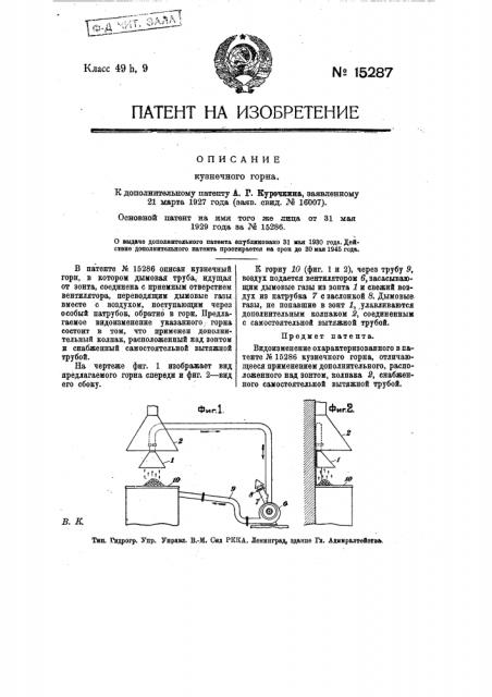 Видоизменение охарактеризованного в патенте по заяв. свид. № 15997 кузнечного горна (патент 15287)