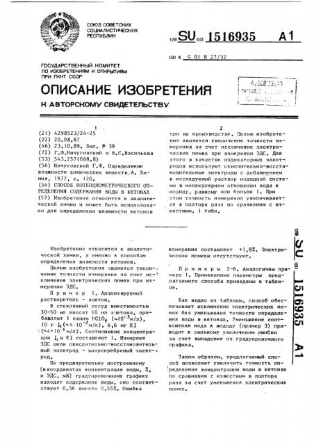 Способ потенциометрического определения содержания воды в кетонах (патент 1516935)