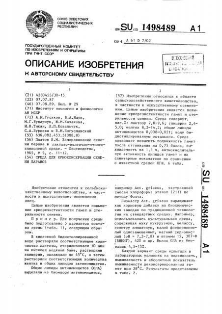 Среда для криоконсервации семени баранов (патент 1498489)