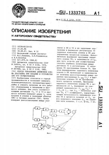 Способ управления движением ковша драглайна при копании и устройство для его осуществления (патент 1333745)