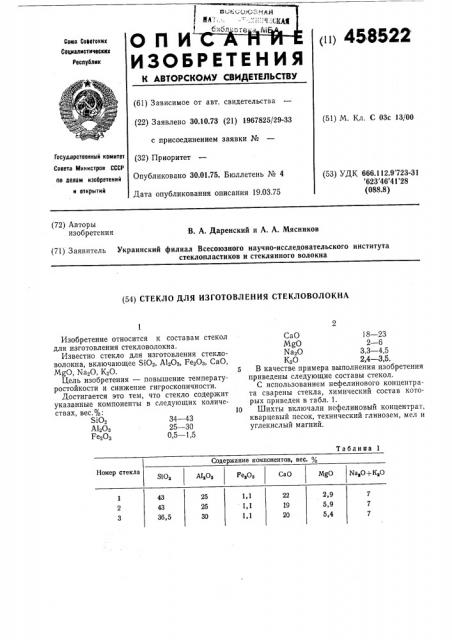 Стекло для изготовления стекловолокна (патент 458522)