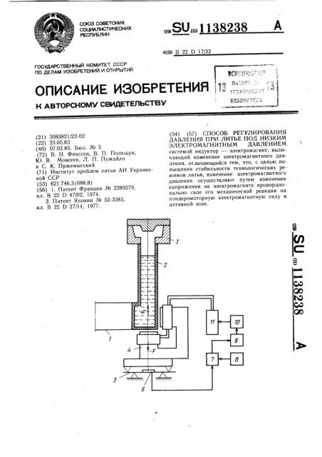 Способ регулирования давления при литье под низким электромагнитным давлением (патент 1138238)