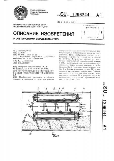 Устройство для очистки внутренней поверхности трубопровода (патент 1296244)