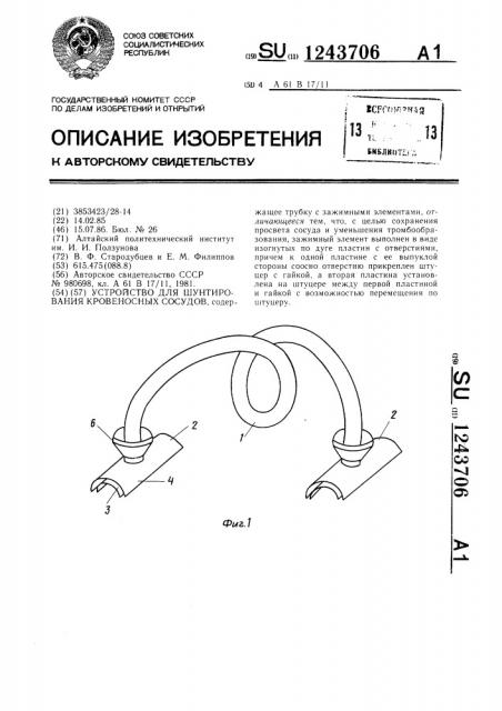 Устройство для шунтирования кровеносных сосудов (патент 1243706)