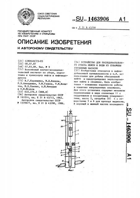 Устройство для последовательного отбора нефти и воды из скважины глубинным насосом (патент 1463906)