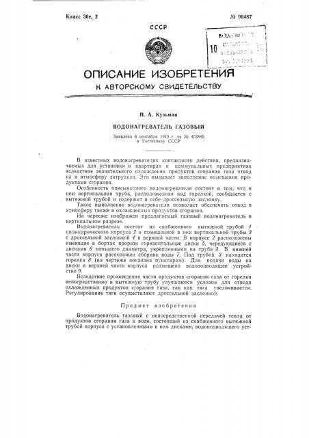 Водонагреватель газовый (патент 96487)