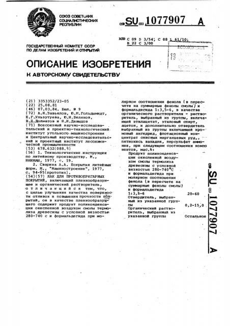 Лак для противопригарных покрытий (патент 1077907)