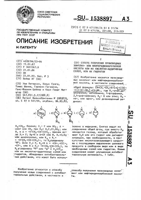 Способ получения производных хинолинили нафтиридинкарбоновой кислоты или их кислотно-аддитивных солей, или их гидратов (патент 1538897)