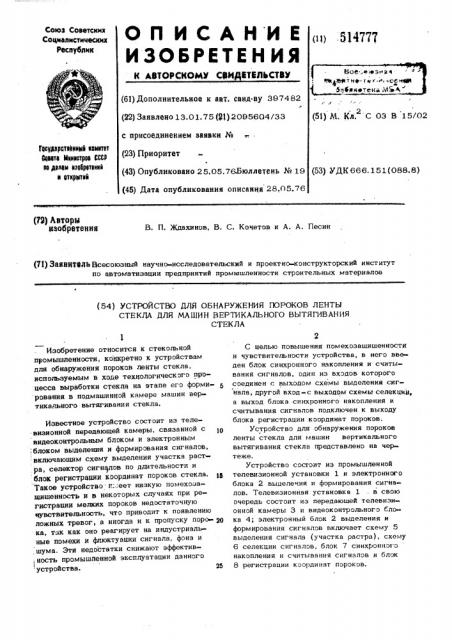 Устройство для обнаружения пороков ленты стекла для машин вертикального вытягивания стекла (патент 514777)