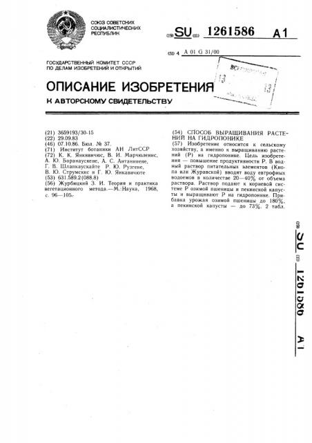 Способ выращивания растений на гидропонике (патент 1261586)
