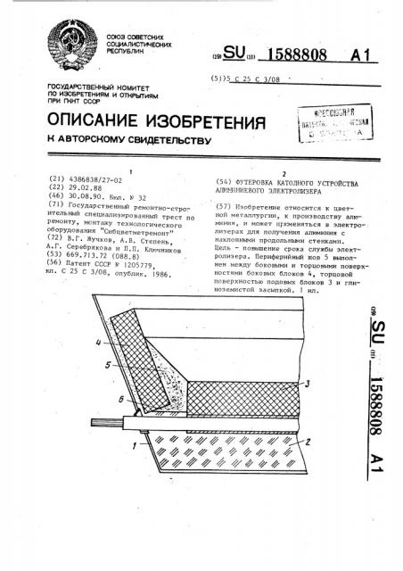 Футеровка катодного устройства алюминиевого электролизера (патент 1588808)