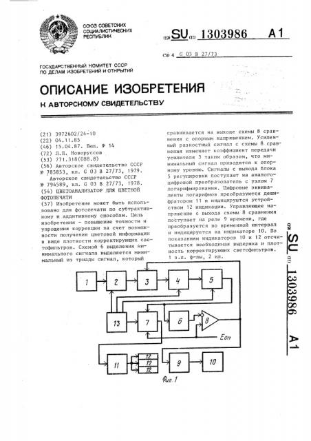 Цветоанализатор для цветной фотопечати (патент 1303986)