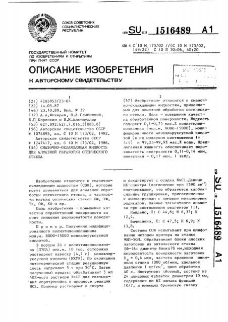 Смазочно-охлаждающая жидкость для алмазной обработки оптического стекла (патент 1516489)