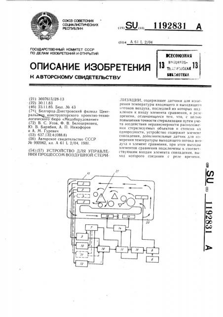 Устройство для управления процессом воздушной стерилизации (патент 1192831)