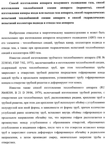 Способ изготовления аппарата воздушного охлаждения газа, способ изготовления теплообменной секции аппарата (варианты), способ изготовления камеры входа или выхода газа аппарата, способ гидравлических испытаний теплообменной секции аппарата и способ гидравлических испытаний коллектора подвода и отвода газа аппарата (патент 2364811)