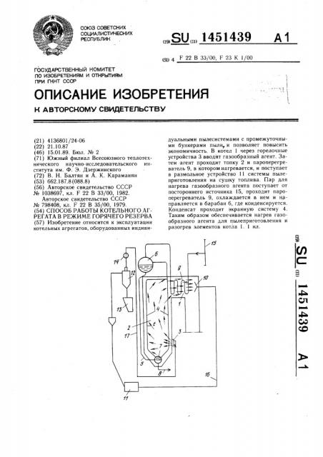 Способ работы котельного агрегата в режиме горячего резерва (патент 1451439)