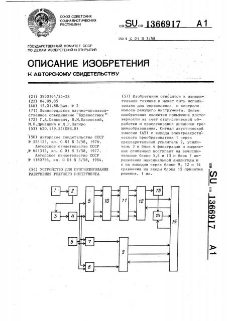 Устройство для прогнозирования разрушения режущего инструмента (патент 1366917)