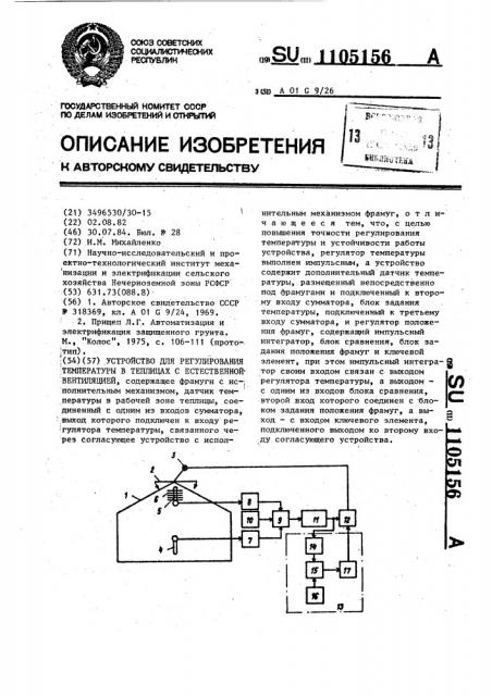 Устройство для регулирования температуры в теплицах с естественной вентиляцией (патент 1105156)