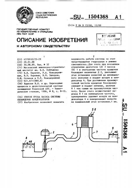 Способ пуска насоса системы охлаждения конденсаторов (патент 1504368)