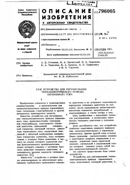 Устройство для регулирования тепло-электрического привода переменноготока (патент 796005)
