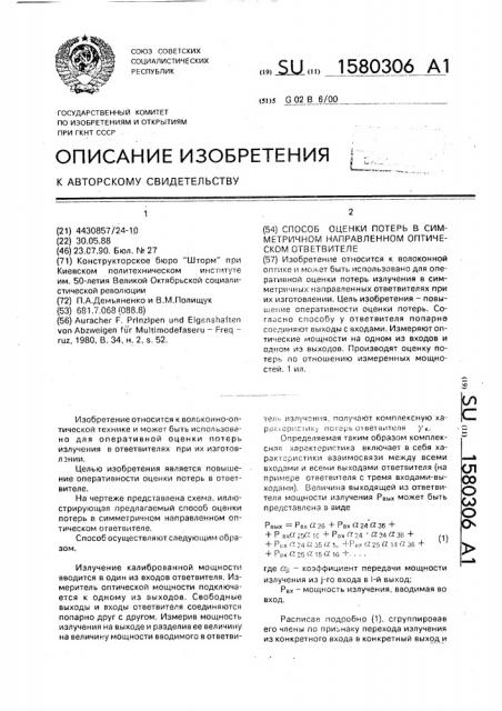 Способ оценки потерь в симметричном направленном оптическом ответвителе (патент 1580306)