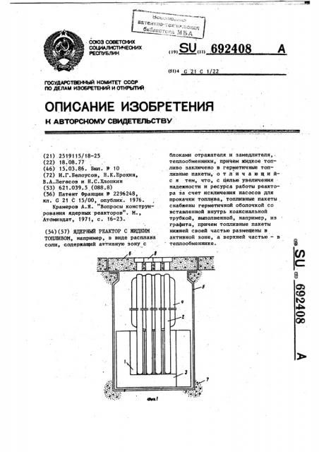Ядерный реактор с жидким теплоносителем (патент 692408)