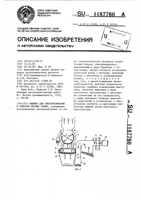 Машина для обескрыливания и очистки лесных семян (патент 1187760)