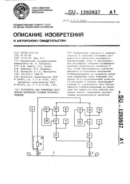 Устройство для измерения параметров магнитной головки воспроизведения (патент 1283837)