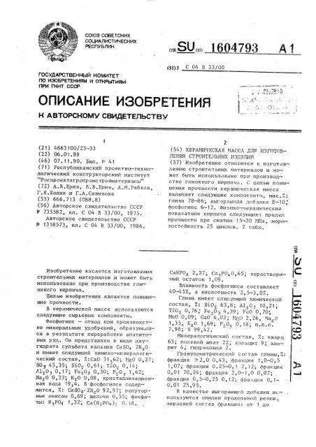 Керамическая масса для изготовления строительных изделий (патент 1604793)