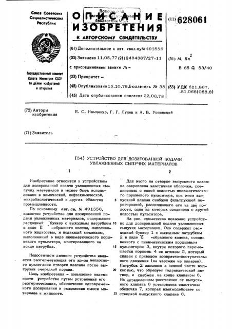 Устройство для дозированной подачи увлажненных сыпучих материалов (патент 628061)