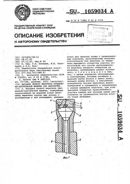 Насадка полого веретена прядильно-крутильной машины (ее варианты) (патент 1059034)