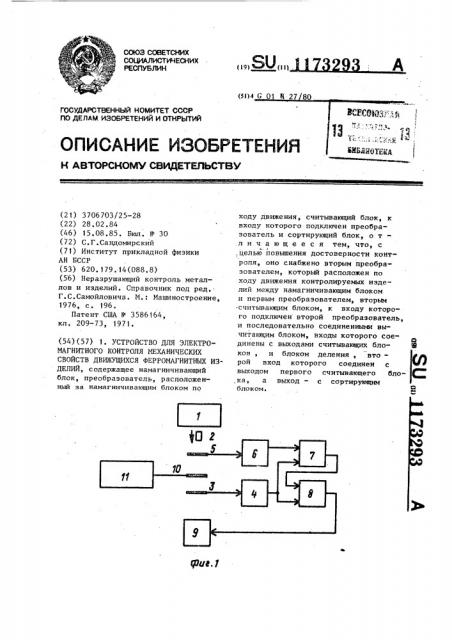 Устройство для электромагнитного контроля механических свойств движущихся ферромагнитных изделий (патент 1173293)