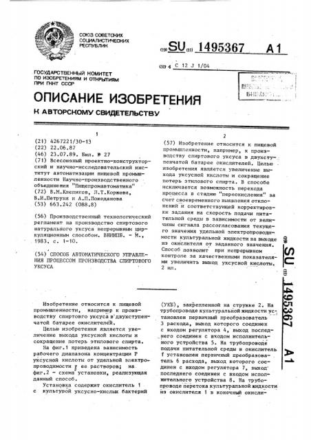 Способ автоматического управления процессом производства спиртового уксуса (патент 1495367)