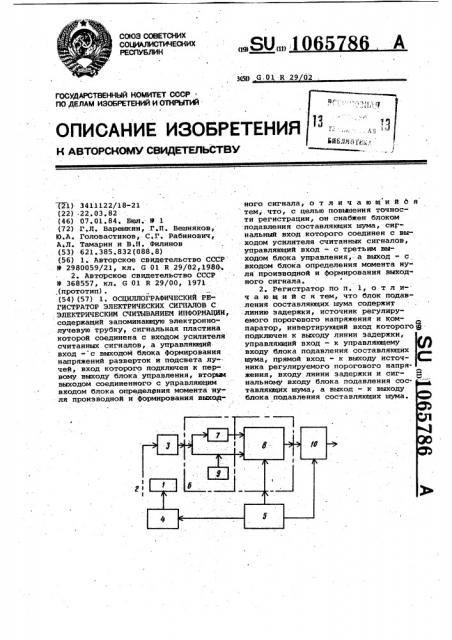 Осциллографический регистратор электрических сигналов с электрическим считыванием информации (патент 1065786)
