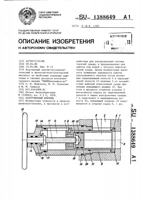 Разгруженный вентиль (патент 1388649)