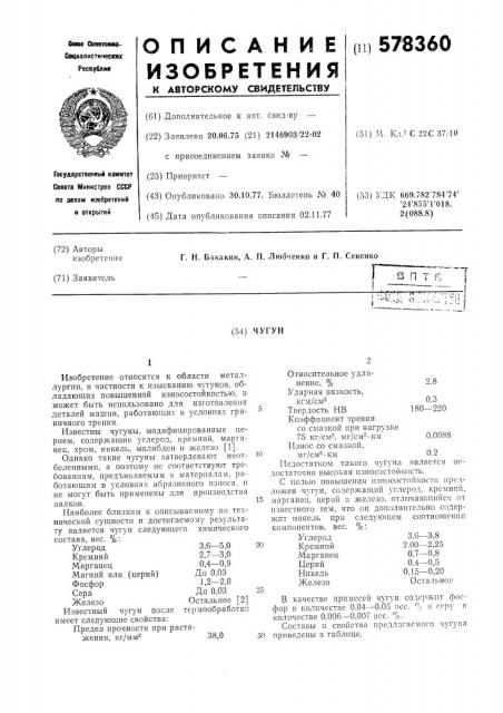 Чугун (патент 578360)