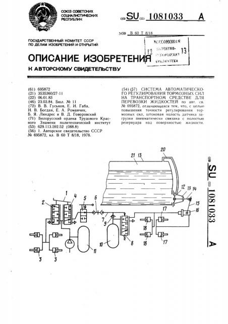 Система автоматического регулирования тормозных сил на транспортном средстве для перевозки жидкостей (патент 1081033)