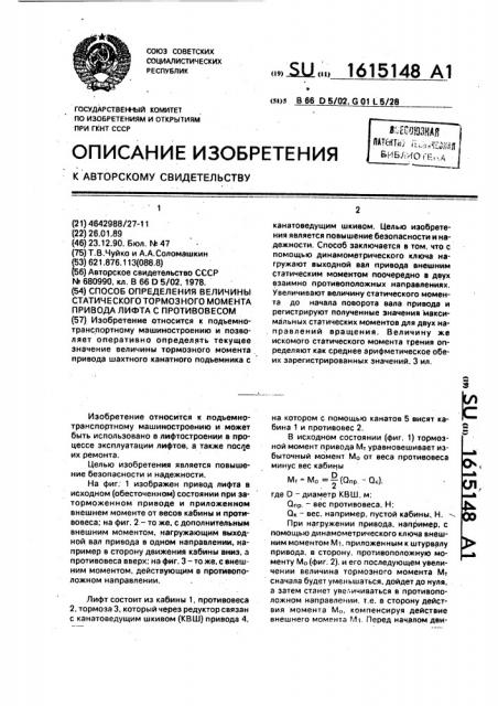 Способ определения величины статического тормозного момента привода лифта с противовесом (патент 1615148)