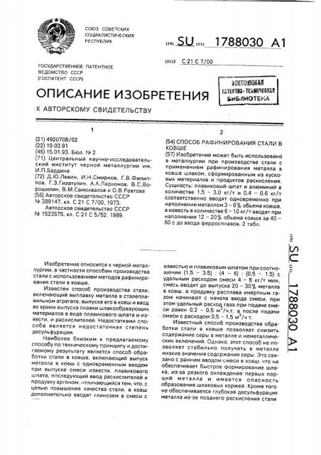 Способ рафинирования стали в ковше (патент 1788030)