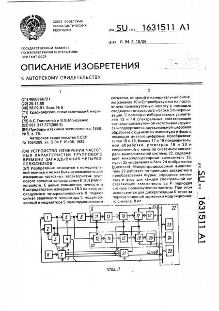 Устройство измерения частотных характеристик группового времени запаздывания четырехполюсников (патент 1631511)