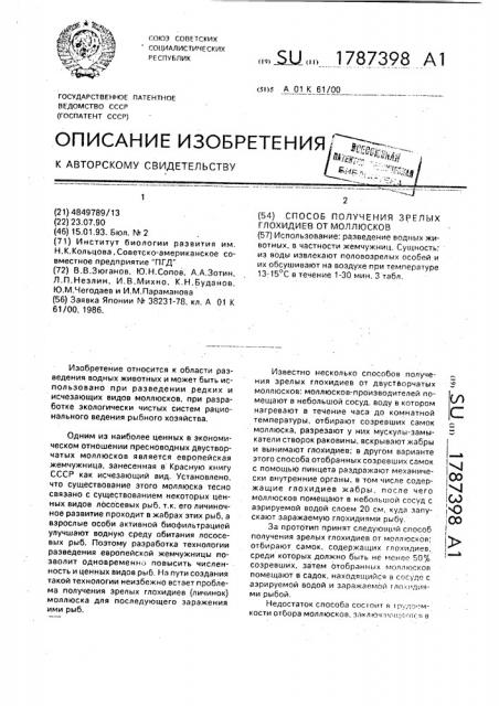 Способ получения глохидиев пресноводных двустворчатых молюсков (патент 1787398)