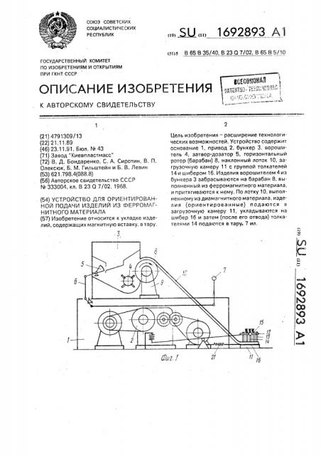 Устройство для ориентированной подачи изделий из ферромагнитного материала (патент 1692893)