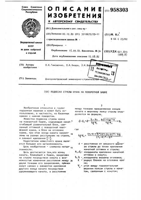 Подвеска стрелы крана на поворотной башне (патент 958303)